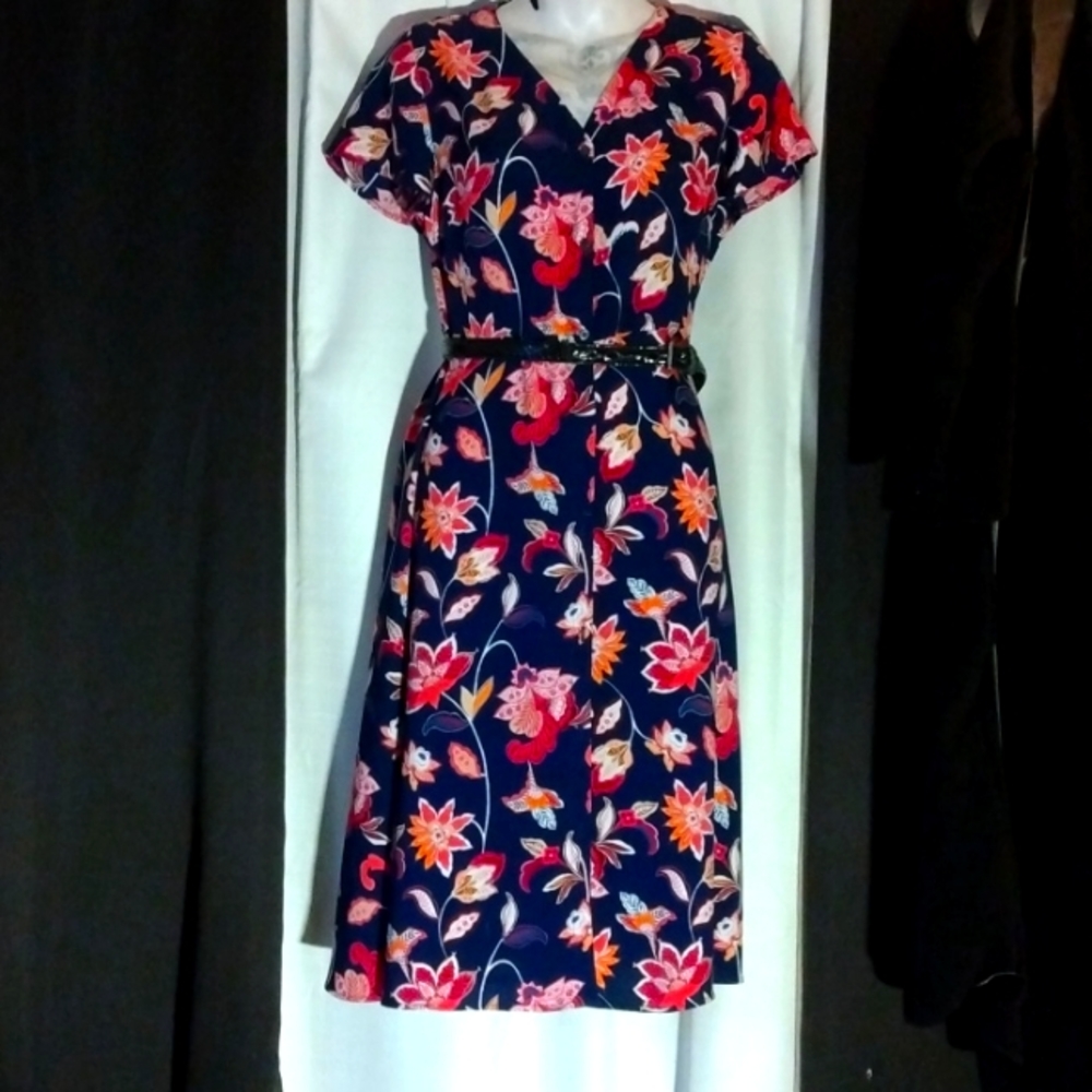 LOFT Women's Navy Blue Midi Floral Design Dress Button Down  Tie Waist